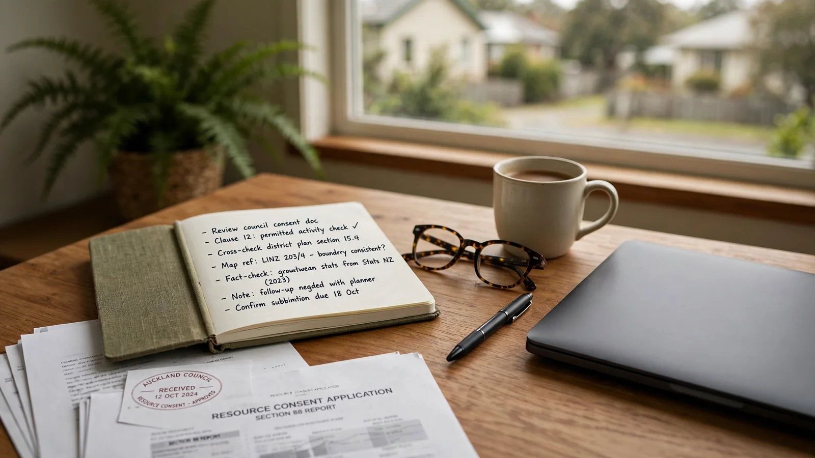 Researcher's desk with notebook, documents, and closed laptop in a New Zealand home office