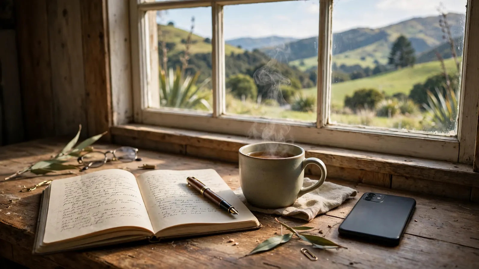 A wooden desk with a notebook, pen, and tea near a window overlooking New Zealand hills
