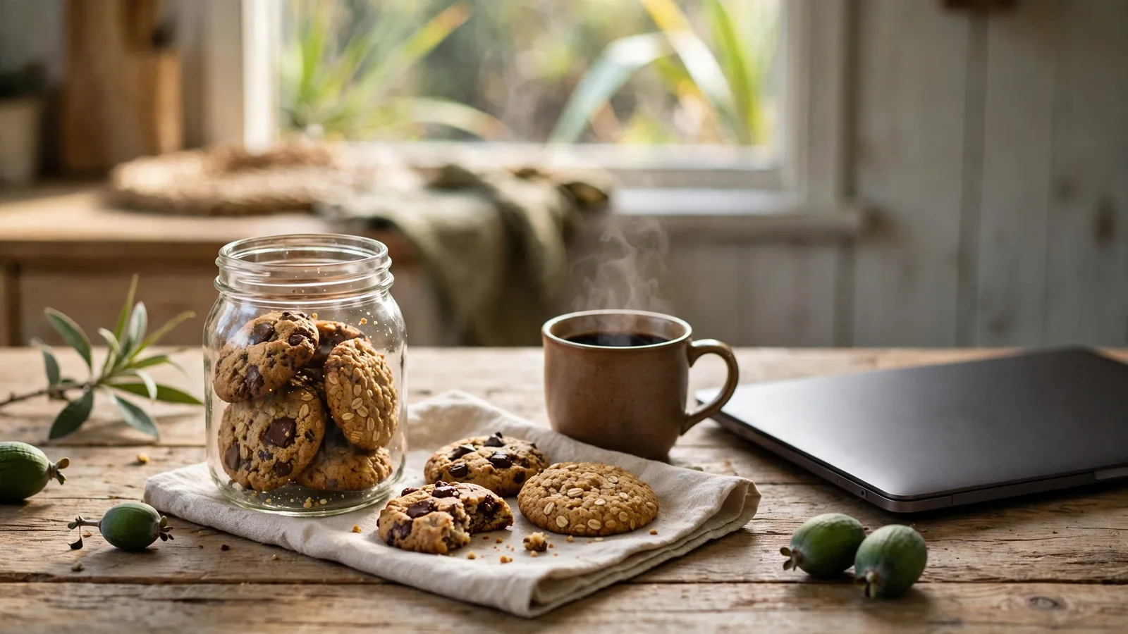 Jar of cookies on a wooden table with a turned-away laptop.