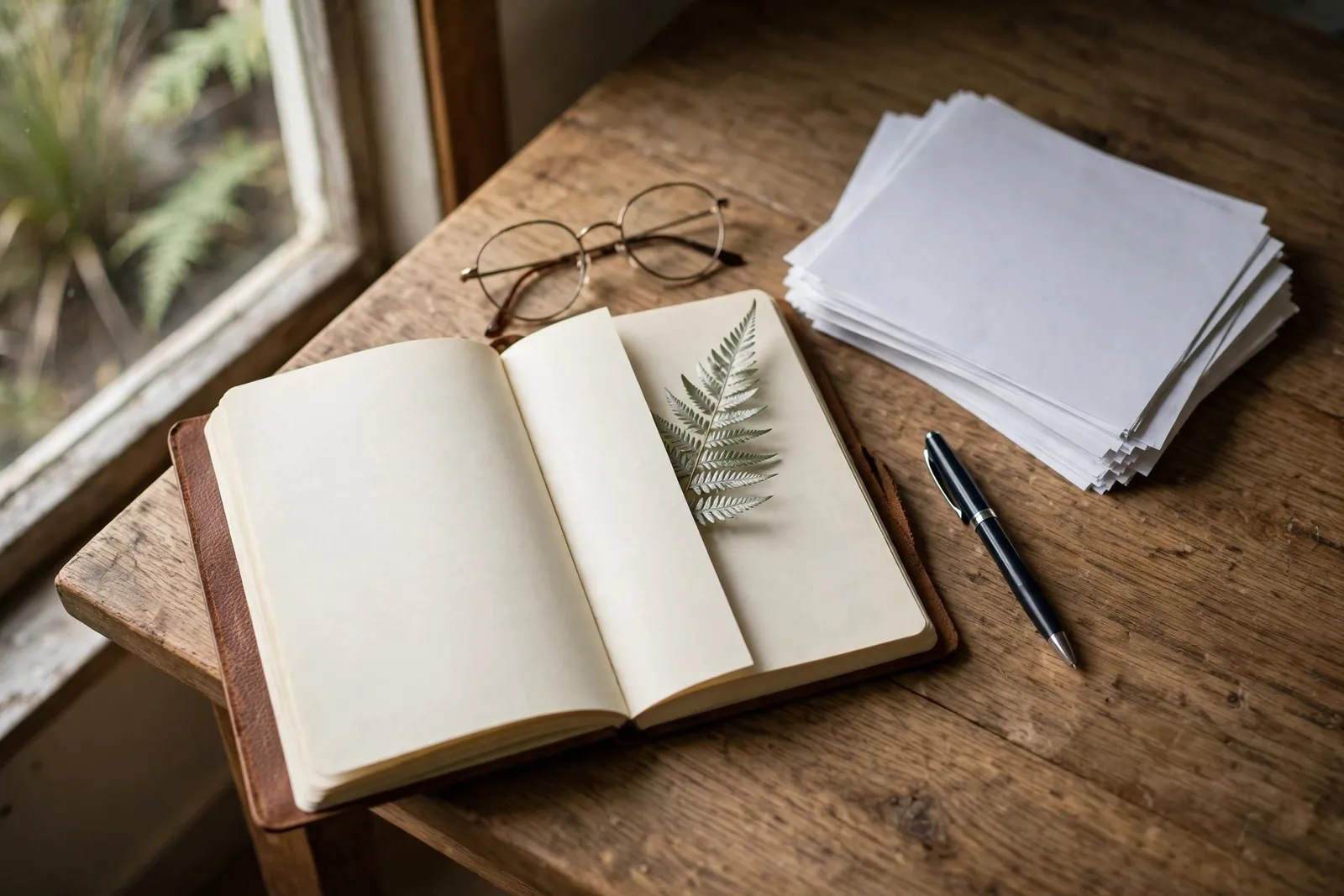 Notebook, reading glasses, and legal documents on a wooden desk