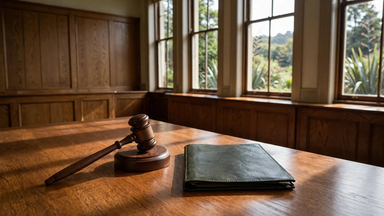 Wooden gavel on desk in formal hearing room