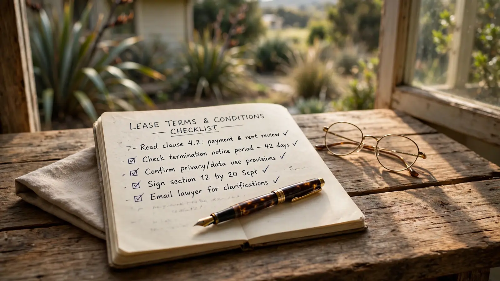 Open notebook with checklist and reading glasses on wooden table