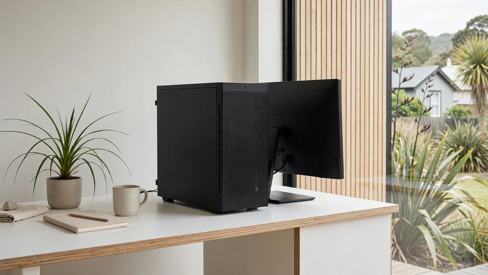 Computer tower and turned-away monitor on minimalist desk