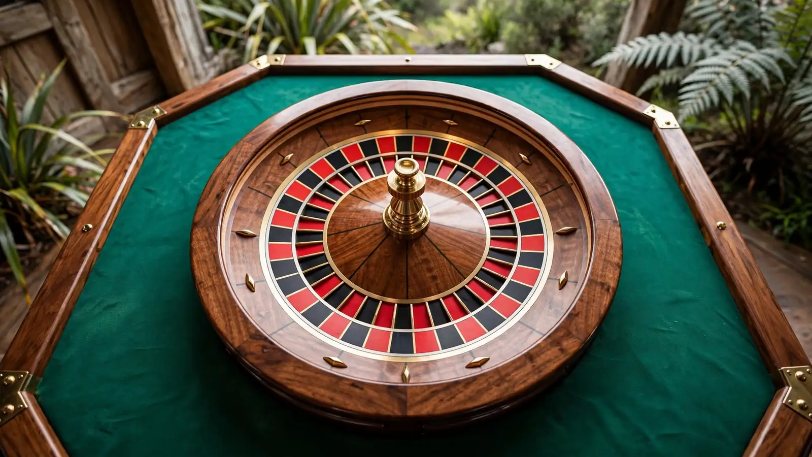 Roulette wheel on green casino table seen from above
