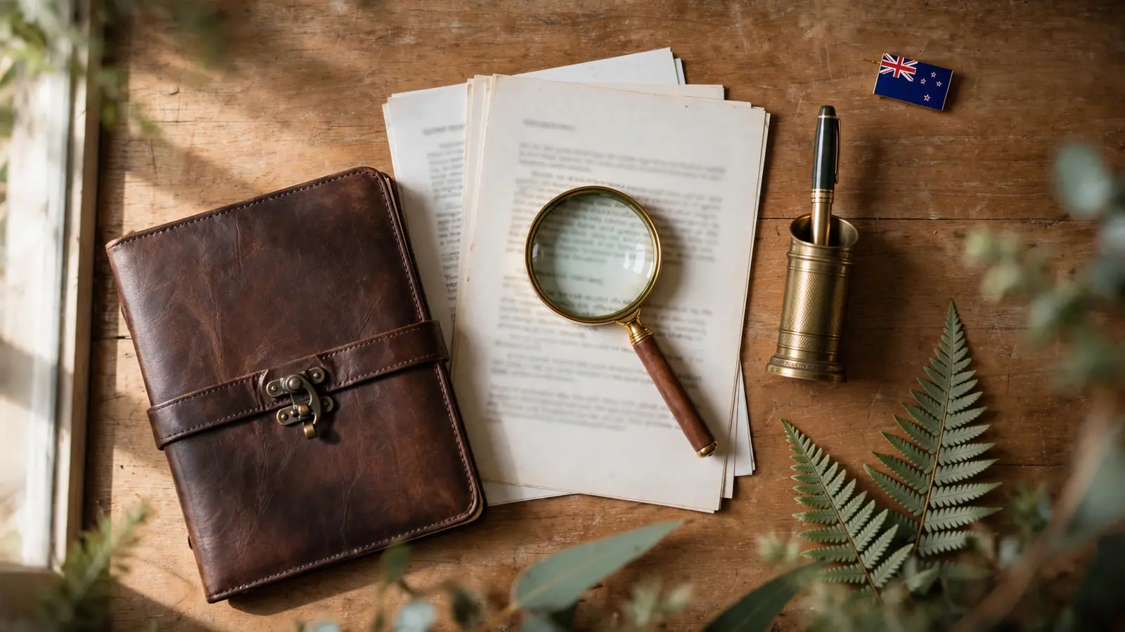 Legal documents with magnifying glass on a wooden desk with a small New Zealand flag.