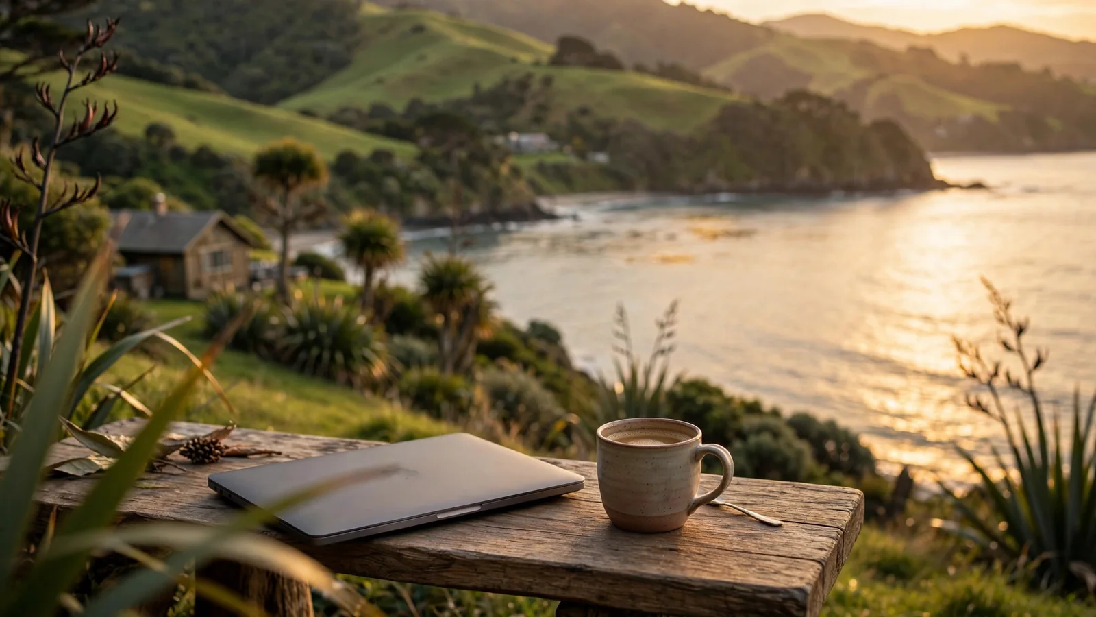 Closed laptop on a table by a peaceful New Zealand coastline at sunset