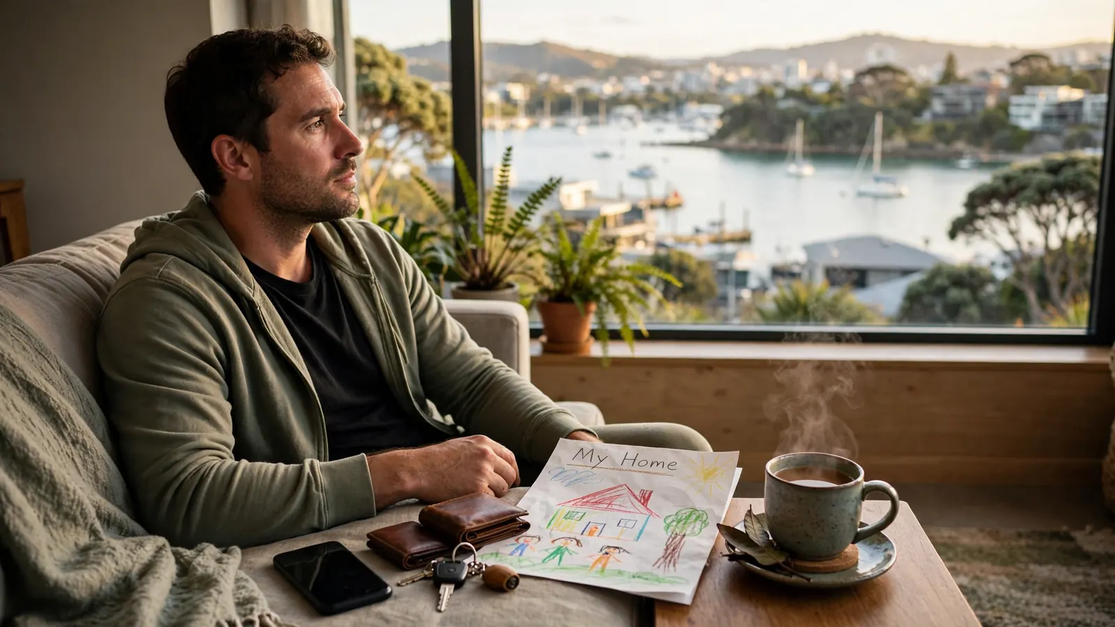 Person in New Zealand home setting aside a phone, reflecting on responsible gambling choices.