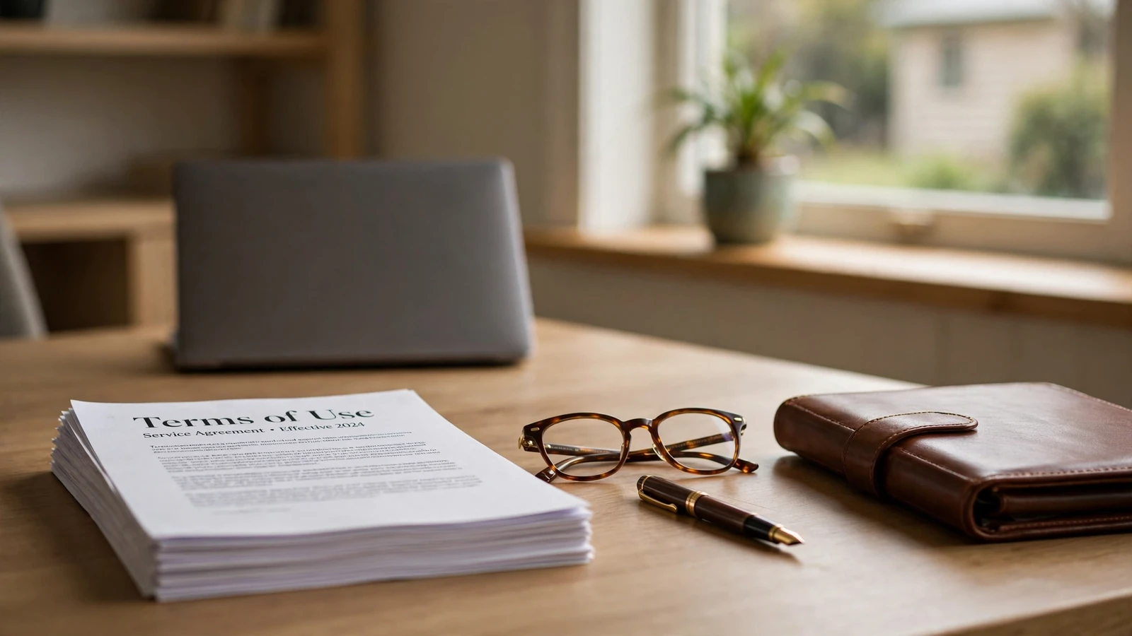 Legal terms document on a wooden desk with glasses and pen in a study
